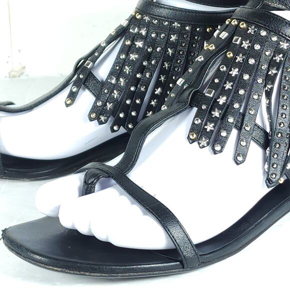 Saint Laurent Women's US8,5 EU39 Black Leather Studded Fringe Gladiator Sandals - Picture 15 of 16